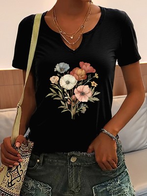 Mercoledi Kadın Çiçek Buketi Baskılı Yarım V-Yaka Kollu Regular Kalıp Rahat T-Shirt