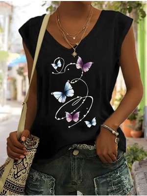 Mercoledi Kelebek Baskılı Kadın Oversize Kolsuz T-Shırt