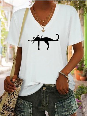 Mercoledi Kalpli Kedi Figür Baskılı Kadın Oversize V Yaka T-Shırt