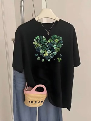 Mercoledi Yeşil Çiçek Kalp Baskılı Oversize Bisiklet Yaka T-Shirt