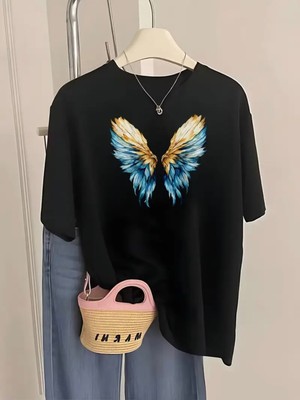 Mercoledi Tasarım Melek Kanatlı Baskılı Oversize Bisiklet Yaka T-Shirt