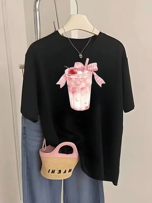 Mercoledi Ekose Kurdele Bardak Baskılı Oversize Bisiklet Yaka T-Shirt