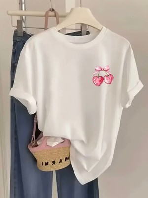 Mercoledi Pembe Cherry Baskılı Oversize Bisiklet Yaka T-Shirt