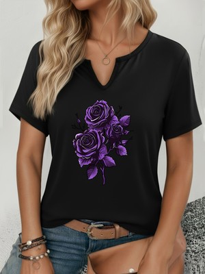 Mercoledi Kadın Brazil Baskılı Yarım V-Yaka Kollu Regular Kalıp Rahat T-Shirt