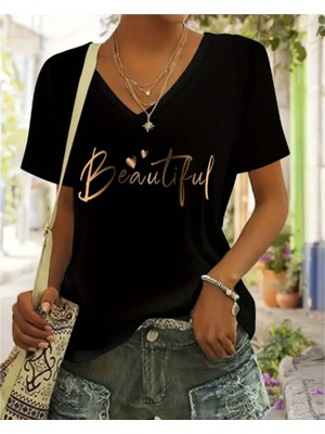 Mercoledi V Yaka Oversize Beautiful Baskılı Tişört