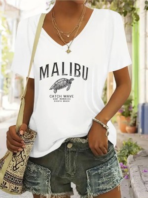 Mercoledi Malibu Kaplumbağa Baskılı Kadın Oversize V Yaka T-Shırt