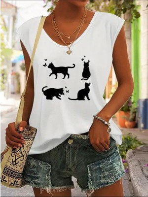 Mercoledi Kedi Baskılı Kadın Oversize Kolsuz T-Shırt