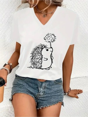 Mercoledi Kirpi Baskılı Kadın Oversize V Yaka T-Shırt