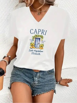 Mercoledi Caprı Italıa Baskılı Kadın Oversize V Yaka T-Shırt