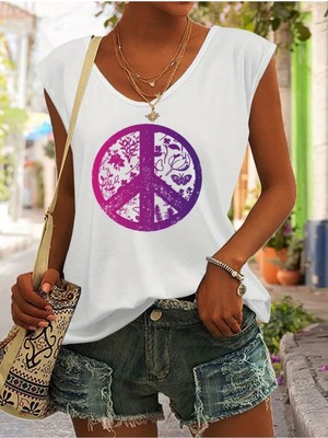Mercoledi Peace Baskılı Kadın Oversize Kolsuz T-Shırt