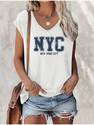 Mercoledi Nyc Baskılı Kadın Oversize Kolsuz T-Shırt