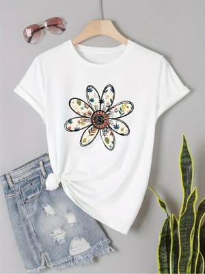 Mercoledi Çiçek Baskılı Oversize Bisiklet Yaka T-Shirt