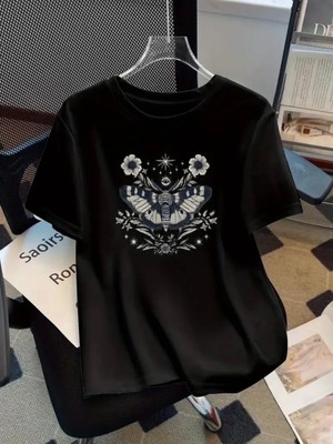 Mercoledi Kelebek Baskılı Oversize Bisiklet Yaka T-Shirt