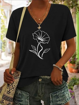 Mercoledi Çiçek Figür Baskılı V Yaka Kadın Oversize T-Shirt