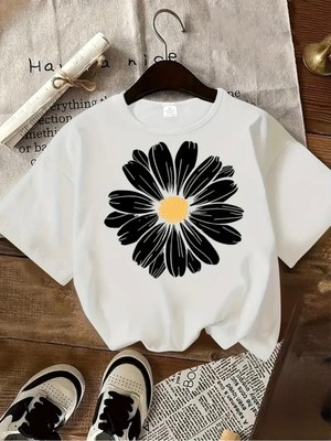 Mercoledi Papatya Baskılı Oversize Bisiklet Yaka T-Shirt