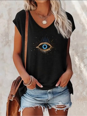 Mercoledi Eye Baskılı Kadın Oversize Kolsuz T-Shırt