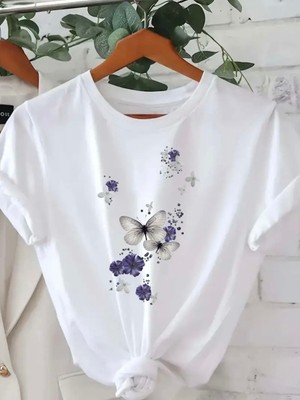 Mercoledi Kelebek ve Çiçek Baskılı Oversize Bisiklet Yaka T-Shirt