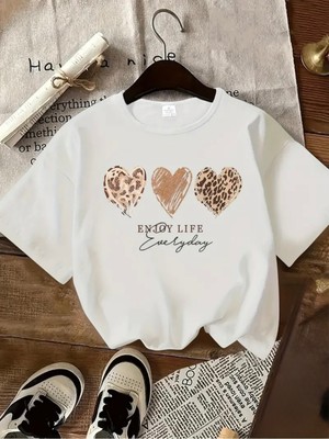 Mercoledi Enjoy Life Kalpler Baskılı Oversize Bisiklet Yaka T-Shirt