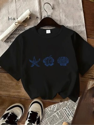 Mercoledi Deniz Yıldızı & Deniz Kabuğu & Çiçek Baskılı Oversize Bisiklet Yaka T-Shirt