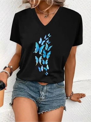 Mercoledi Mavi Kelebekler Baskılı Kadın Oversize V Yaka T-Shırt