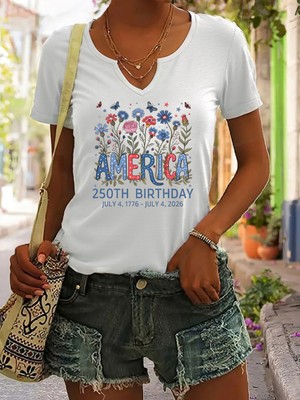 Mercoledi Kadın Baskılı Yarım V-Yaka Kollu Regular Kalıp Rahat T-Shirt