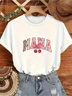 Mercoledi Mama Cherry Baskılı Oversize Bisiklet Yaka T-Shirt