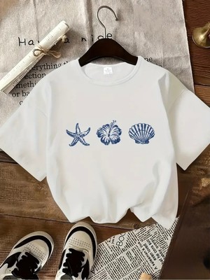 Mercoledi Deniz Yıldızı & Deniz Kabuğu & Çiçek Baskılı Oversize Bisiklet Yaka T-Shirt