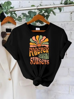 Mercoledi Forever Chasıng Sunsets Baskılı Oversize Bisiklet Yaka T-Shirt