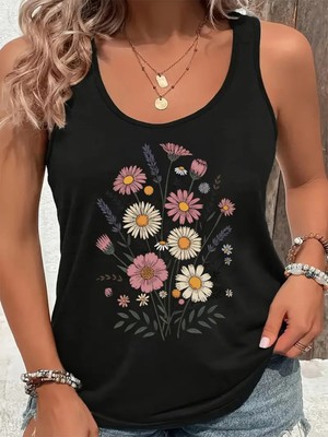 Mercoledi Kadın Kolsuz Çiçek Baskılı Oyuk Yaka Üst T-Shirt