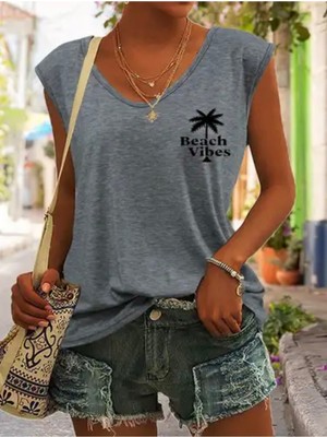 Mercoledi Beach Vibes Baskılı Kadın Oversize Kolsuz T-Shırt