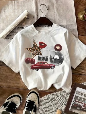 Mercoledi Vintage Araba Disco Topu Kiraz Baskılı Oversize Tişört