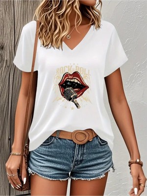 Mercoledi Ruck&roll Baskılı Kadın Oversize V Yaka T-Shırt