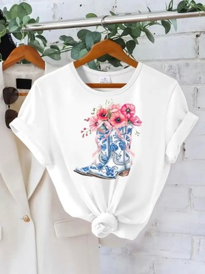 Mercoledi Çiçekli Çizme Tasarım Baskılı Oversize Bisiklet Yaka T-Shirt