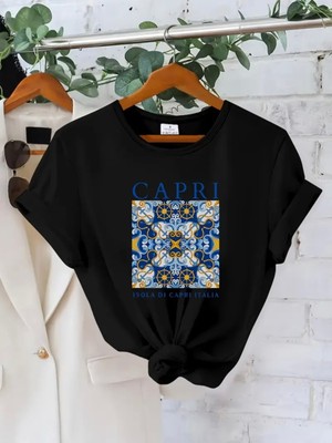 Mercoledi Caprı Baskılı Oversize Bisiklet Yaka T-Shirt