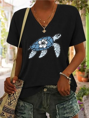 Mercoledi Mavi Kaplumbağa Baskılı Kadın Oversize V Yaka T-Shırt