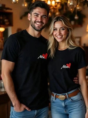 Mercoledi Çift Kombini 1 Adet Erkek Modeli Sevgililer Günü Baskılı Rahat Kalıp T-Shirt