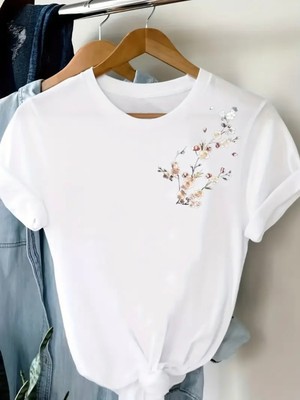 Mercoledi Çiçek Dalı Baskılı Oversize Bisiklet Yaka T-Shirt