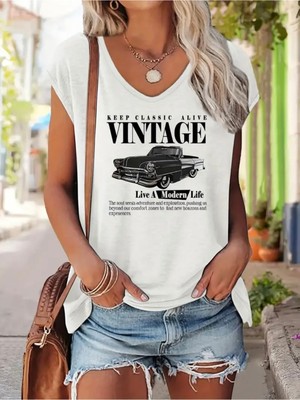 Mercoledi Vintage Baskılı Kadın Oversize Kolsuz T-Shırt