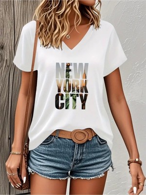 Mercoledi New York Cıty Baskılı Kadın Oversize V Yaka T-Shırt