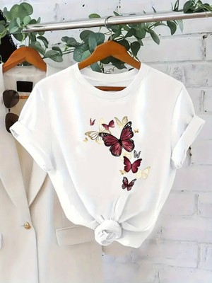 Mercoledi Kelebek Baskılı Oversize Bisiklet Yaka T-Shirt