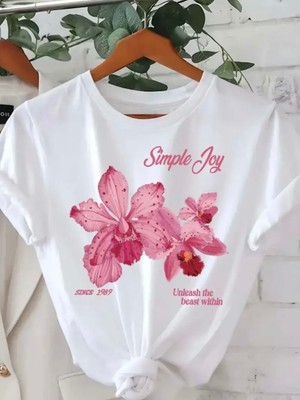 Mercoledi Simple Joy Çiçek Baskılı Oversize Bisiklet Yaka T-Shirt