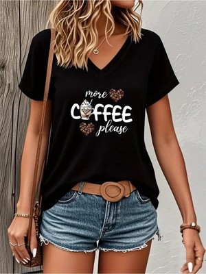 Mercoledi More Coffee Baskılı Kadın Oversize V Yaka T-Shırt