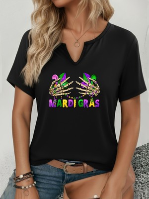 Mercoledi Kadın Mardi Gras Baskılı Yarım V-Yaka Kollu Regular Kalıp Rahat T-Shirt