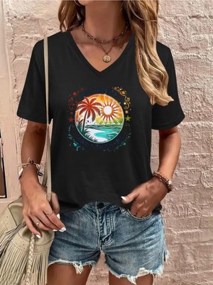 Mercoledi Palmiye & Sun Baskılı Kadın Oversize V Yaka T-Shırt