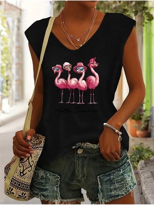 Mercoledi Flamingo Baskılı Kadın Oversize Kolsuz T-Shırt