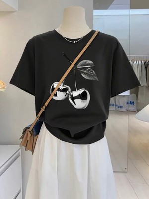 Mercoledi Metal Cherry Baskılı Oversize Bisiklet Yaka T-Shirt