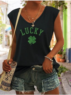 Mercoledi Lucky Yonca Baskılı Kadın Oversize Kolsuz T-Shırt