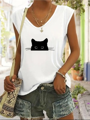 Mercoledi Kedi Baskılı Kadın Oversize Kolsuz T-Shırt