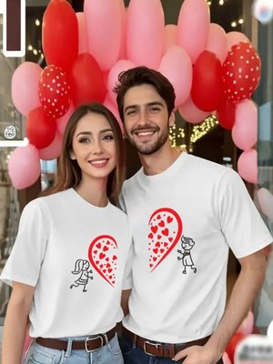 Mercoledi Çift Kombini 1 Adet Kadın Modeli Sevgililer Günü Baskılı Rahat Kalıp T-Shirt