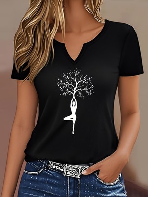 Mercoledi Kadın Yoga Ağaç Baskılı Yarım V-Yaka Kollu Regular Kalıp Rahat T-Shirt